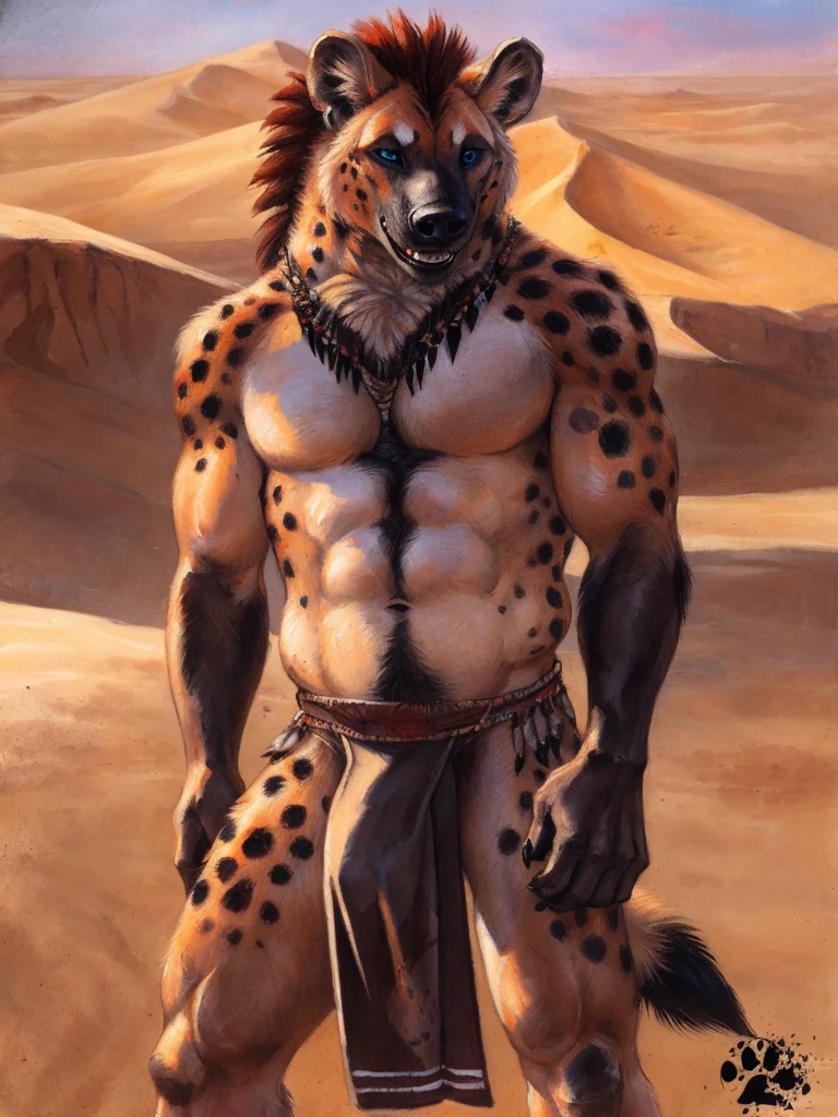 solo, anthro, Gnoll, male, mane fades to red, muscular, sexy, lustful expression, shaggy fur, thick fur, hyena tail, large penis imprint visible under tribal loincloth, loose tribal clothing, realistic clothing, sexy pose, realistic fur, beautiful eyes, perfect eyes, symmetrical eyes, blue eyes, (black retinas:1.2), detailed background, sahara desert background, dusk, realistic, photorealistic, ultra realistic, 8k, (by blotch),