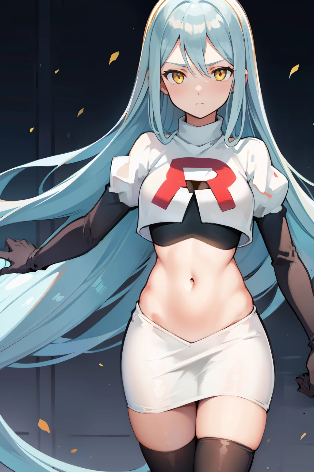 def_azura, yellow eyes ,1girl,team rocket,team rocket uniform, red letter R, white skirt,white crop top,black thigh-highs ,black elbow gloves,