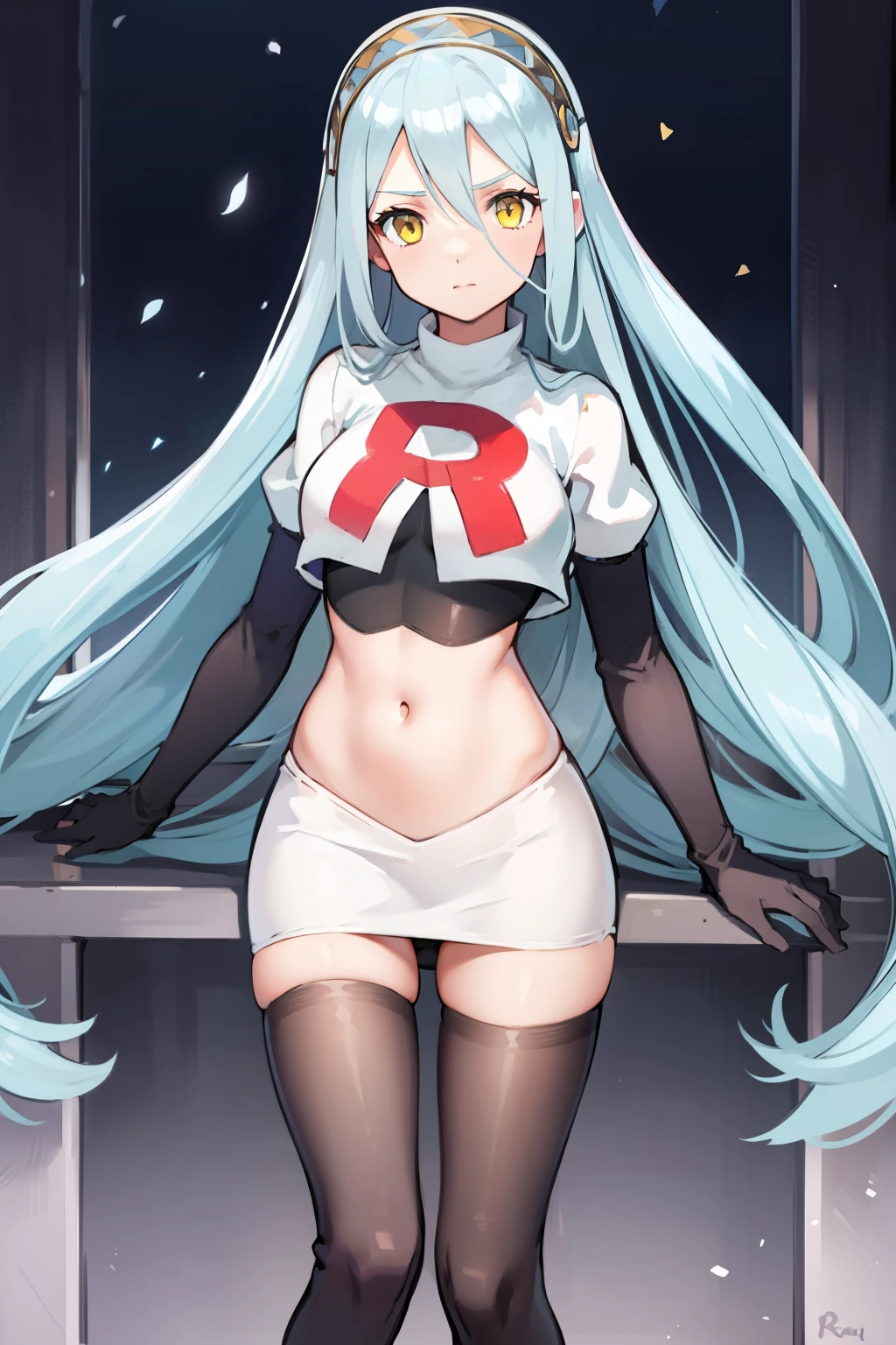 def_azura, yellow eyes ,1girl,team rocket,team rocket uniform, red letter R, white skirt,white crop top,black thigh-highs ,black elbow gloves,