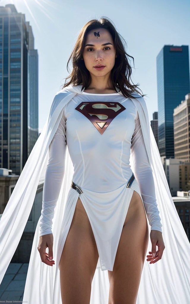 gal gadot,gal gadot in elaborate long-sleeved Superman costume in white, covering the whole body, Matte pastel colours, (dramatic:1.3), white capelet, White Superman Costume, Suit, flying over Metropolis (freckles:0.6), intricate details, highly detailed, sharp focus, professional, 4k, spring flowers blooming, god rays, hand model, stunning blue eyes, petite, delicate, innocent,highres, detailed facial features, high detail, sharp focus, smooth, aesthetic, extremely detailed, photo_\(ultra\), photorealistic, realistic, post-processing, max detail, roughness, real life, ultra realistic, photorealism, photography, 8k uhd, photography, SEMI-SILHOUETTE light, russian face