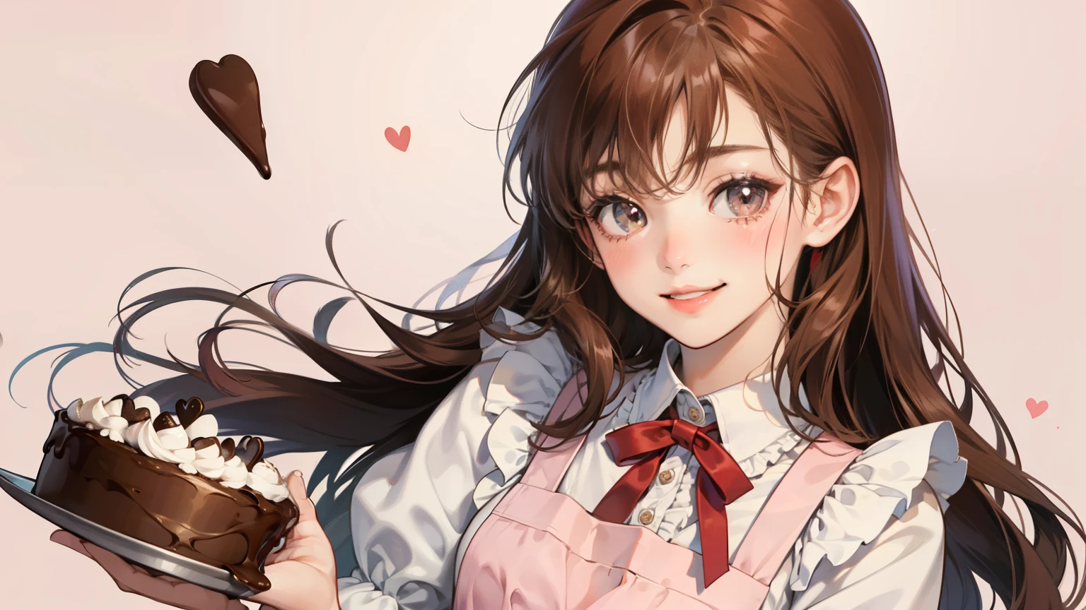 girl、With background、reddish brown hair、long hair、Contrasting bangs、white dress、ribbon、frills、wearing an apron、Baking、chocolate、blush、smile、cute、Background Pink