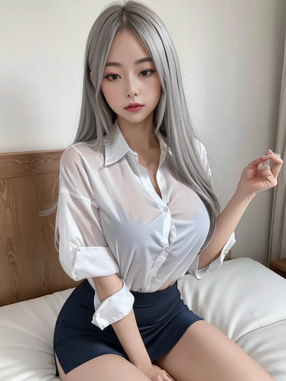8K, highest quality, RAW photo, ultra high resolution cool beauty beautiful butt huge breastsの谷間 thin eyebrows on the bed huge breasts silver hair silver blonde gray hair sexy 2 limbs alone Focus on the lower back Sleep with your eyes closed, open your mouth and open your legs Beautiful nose with flushed cheeks Make the nose smaller baby face droopy eyes glamorous mouth navy blue mini skirt Light white shirt It's soaking wet and you can see through my underwear The color of the underwear is pink