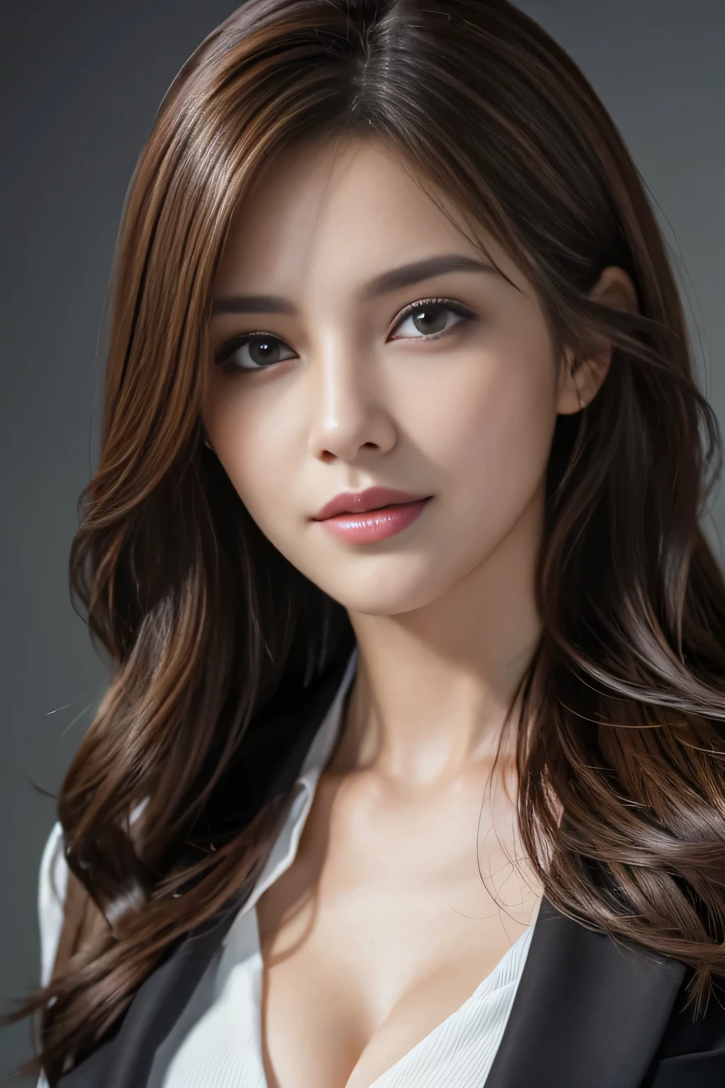 table top, highest quality, realistic, Super detailed, finely, High resolution, 8k wallpaper, 1 beautiful woman,, light brown messy hair, wearing a business suit, sharp focus, perfect dynamic composition, beautiful and detailed eyes, thin hair, Detailed realistic skin texture, smile, close-up portrait, model body shape