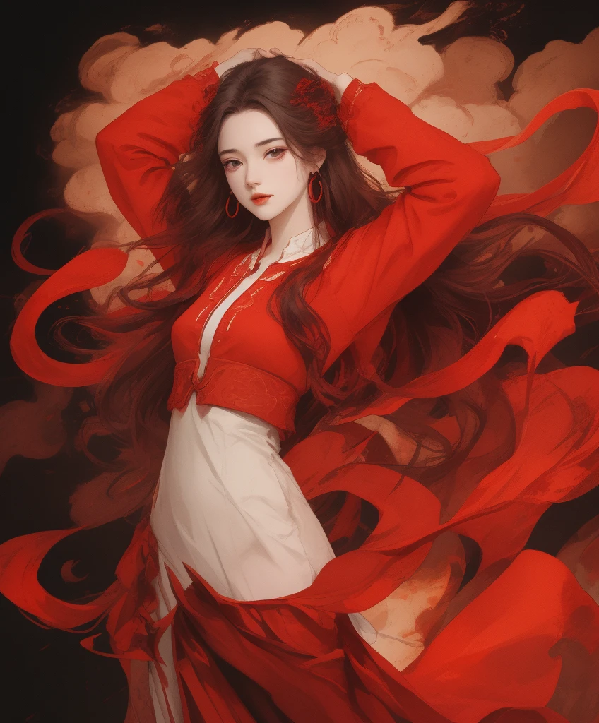 kapok,red hair,a woman,falling snow,white hair,Liu Yemei,bust,Winter morning,Hanfu,gauze,flowing sleeves,breeze,Sunlight,Slightly curly long hair,HD quality,clean background,High definition eye-catching,silky hair,Detailed depiction,masterpiece,super detailed,petals flying,