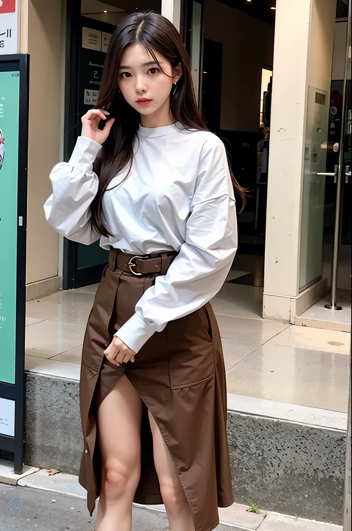 long hair woman with serious face、wearing a white long-sleeved shirt、wearing a brown skirt、full body photo