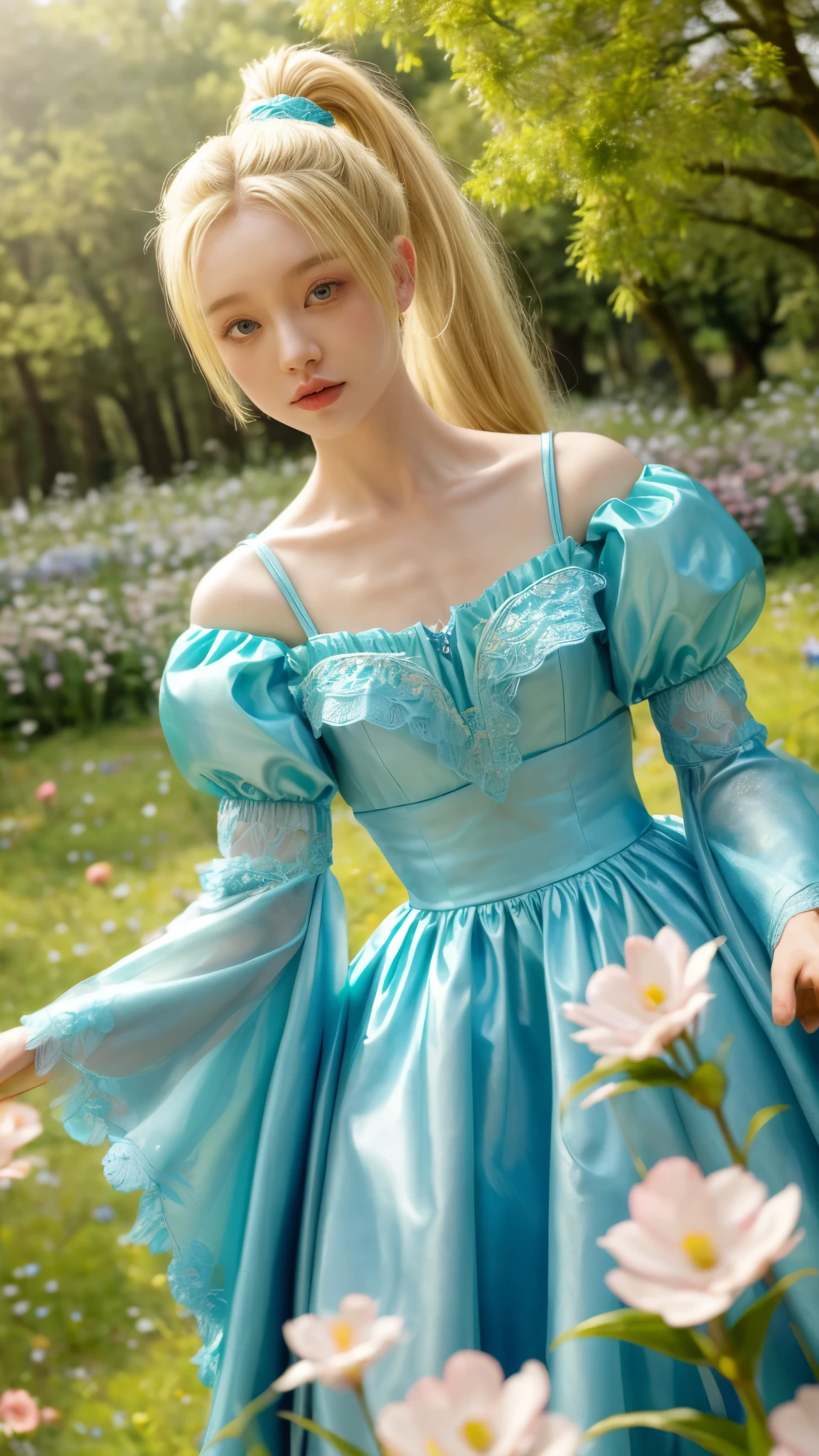 zrpgstyle, AS-YoungerV2 DollieNobodySD15 medieval princess teal dress, elaborate, ornate, adventurer cape, (blonde ponytail hair:1.1), standing in a tall field of flowers, tree canopy overhead (alpine mountains:1.1), clear sky, (masterpiece:1.3) (best quality) (detailed) (8k) (HDR) (cinematic lighting) (sharp focus) (intricate) (intense action scene, dutch angle, foreshortening, motion blur, blurred foreground:1.3) looking at viewer