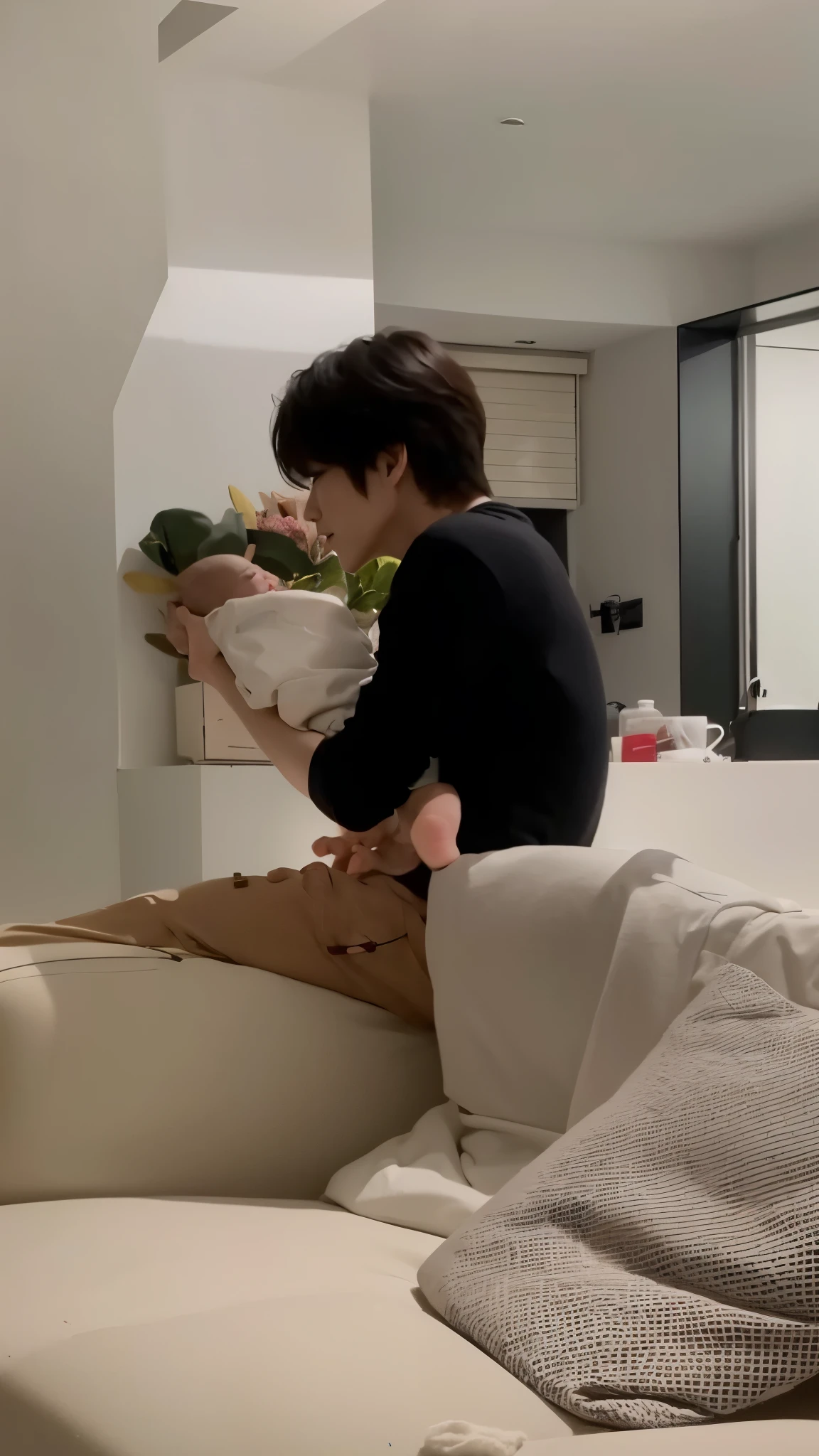 Hyunjun hur actor y idol de kpop mas realismo en el cabello y ropa y un bebe en sus brazos.