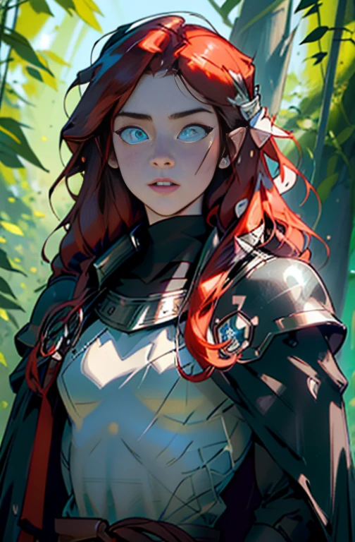 (masterpiece, best_quality, ultra-detailed, immaculate: 1.3), epic, illustration, wood elf scout, fantasy leather armor, green cloak, auburn hair, ((auburn colored hair)), very long, bright eyes, symmetrical eyes, in a lush spring forest, bombshell hair, hair blowing in wind, cute determined expression, dense forest