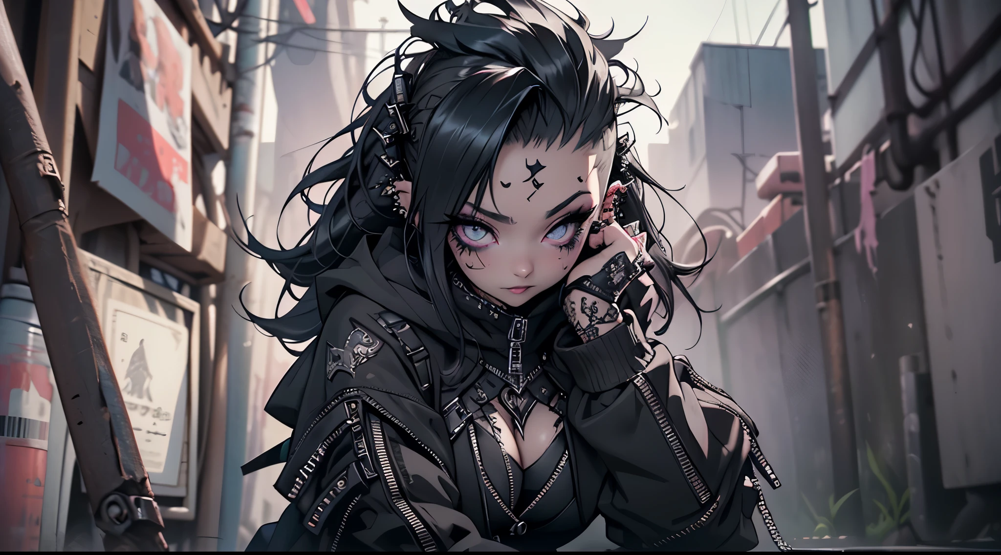 PERFECT MASTERPIECE, EXTREMELY DETAILED CG UNITY 8K UHD QUALITY RESOLUTION WALLPAPER, PHOTOREALISTIC, RAW PHOTO, PERFECT PHOTOGENIC CLARITY, OFFICIAL ART, AWARD-WINNING PORTRAIT, ULTRA HYPER-REALISTIC, ULTRA HYPER-DETAILED, SHINY REALISTIC SKIN, RAY TRACING, GLOWING AMBIENT LIGHT, The most beautiful and sexy gothic punk girl, (very short black in a shaved mohawk gothic hairstyle:1.3) vibrant moonlight eyes, long detailed eyelashes, blushing, full pouting pink lips, (detailed gothic makeup:1.3) super huge enormously gigantic tits, cleavage showing, gigantic tits bursting out of her outfit, (wearing highly detailed Harajuku-inspired gothic punk hoodie and torn skinny jeans with lots of straps zippers buckles and chains:1.3) tons of tattoos and piercings, looking at the viewer, arching her back in a sexy seductive slutty pose, full body cowboy shot, cherry blossoms blowing in the wind, dark gothic cyber City background