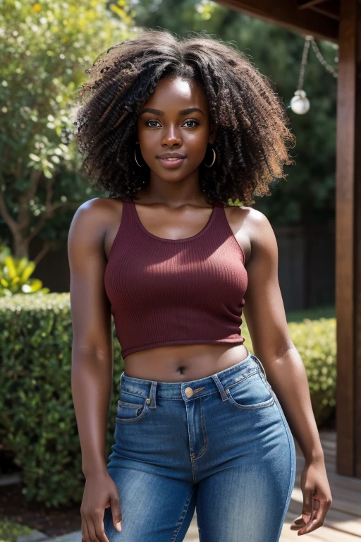 best quality, masterpiece, photo realistic, 8k, extreme resolution, ultra high res, dynamic lighting, real lighting, darkskin, curly hair, natural textured skin with pores, symmetrical face, beautiful eyes, glossy smooth lips, looking_at_viewer, smile, tank top, jeans, home backyard, detailed background