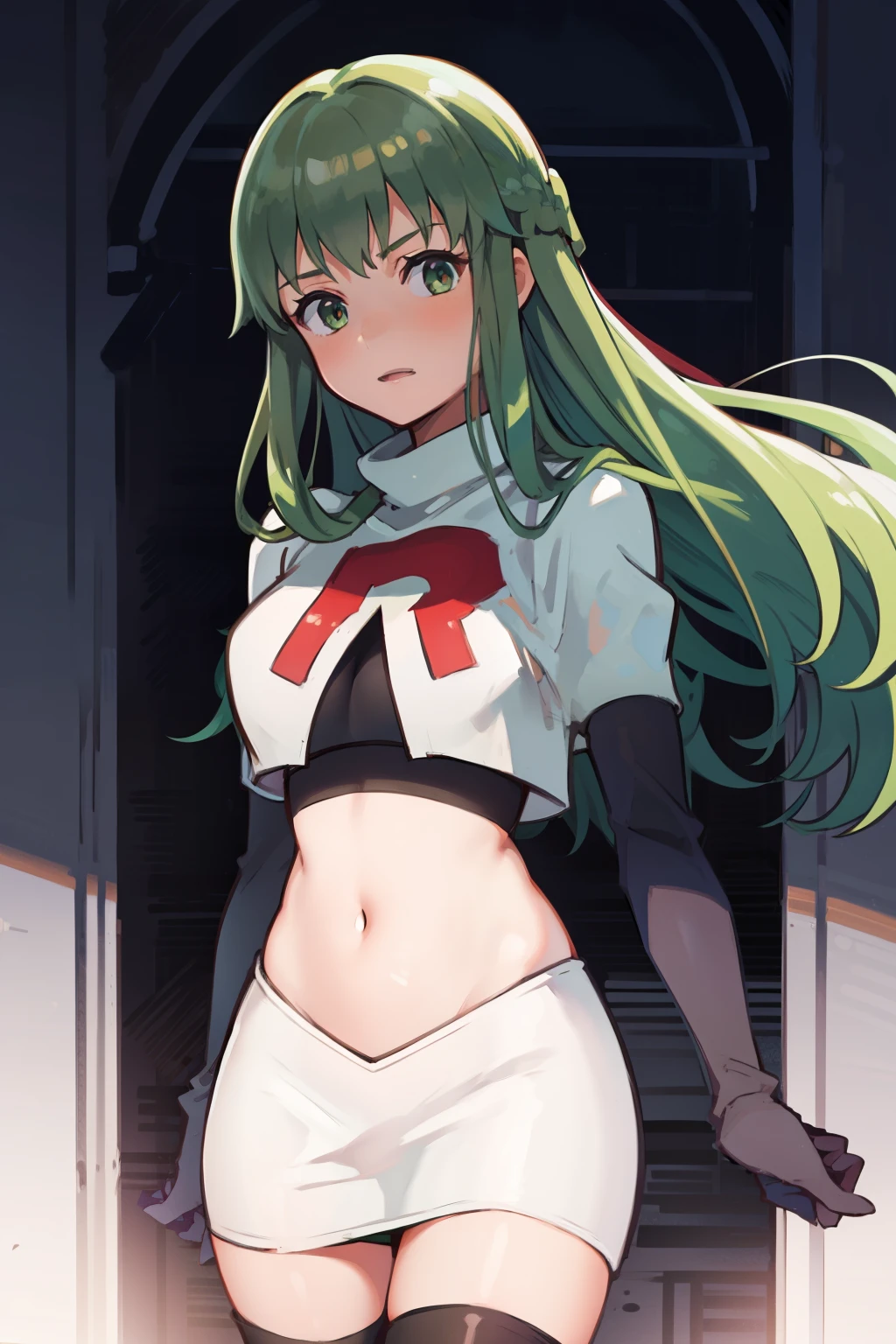 Palla (Fire Emblem), long hair, green hair ,1girl,team rocket,team rocket uniform, red letter R, white skirt,white crop top,black thigh-highs,black elbow gloves, 