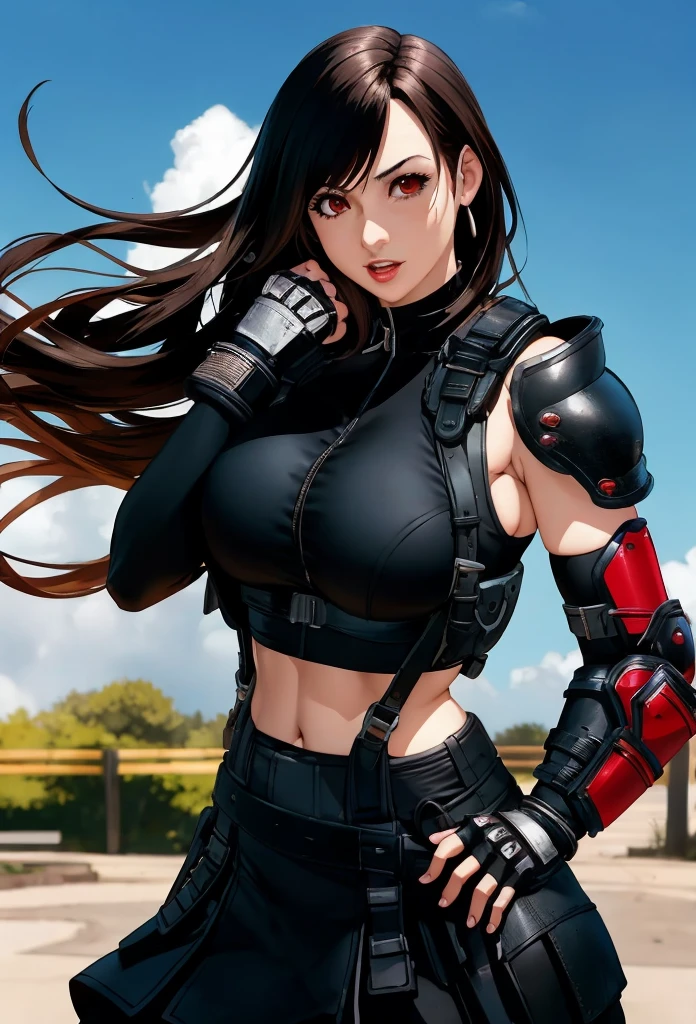Chica anime con pelo largo y guantes posando para una foto., tifa, tifa lockhart, Anime rudo 8K, retrato de tifa lockhart, seductive retrato de tifa lockhart, tifa lockheart, retrato de tifa lockhart, chica soldado mecanizada, portrait ninja gaiden girl, glamorosa tifa lockheart, extremely detailed artistic germ, wearing technical clothing and armor