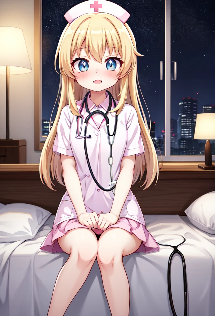 anime - style image of a nurse sitting on a bed with a stethoscope, nurse girl, with a stethoscope, nightcore, nyaruko-san, stethoscope!, nurse, doctor, anime moe artstyle, (doctor), medical doctor, gapmoe yandere, (anime girl), nursing, anime visual of a cute girl，全身图，18+，腿环，羞涩