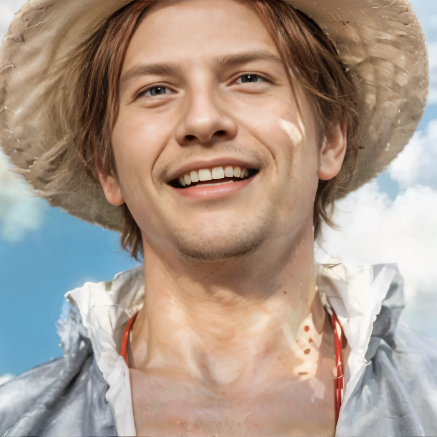 (masterpiece), (realistic), (ultra detailed), ( high reest quality), (photorealistic), (perfect face), (perfect anatomy), man, male, solo, ameican, (((20 years old))), ((muscular)), shanks from one piece, shanks, red hair, wears white clothes, wears a black robe, wearing a straw hat, (((The character's left hand holds the hat the character is wearing))), (((The character opens his mouth wide because he laughs)))