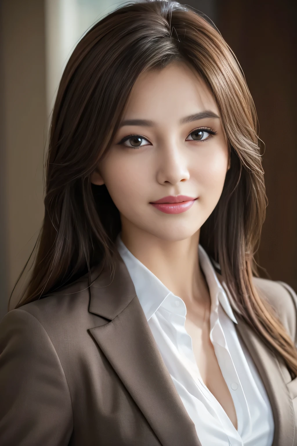 table top, highest quality, realistic, Super detailed, finely, High resolution, 8k wallpaper, 1 beautiful woman,, light brown messy hair, wearing a business suit, sharp focus, perfect dynamic composition, beautiful and detailed eyes, thin hair, Detailed realistic skin texture, smile, close-up portrait, model body shape