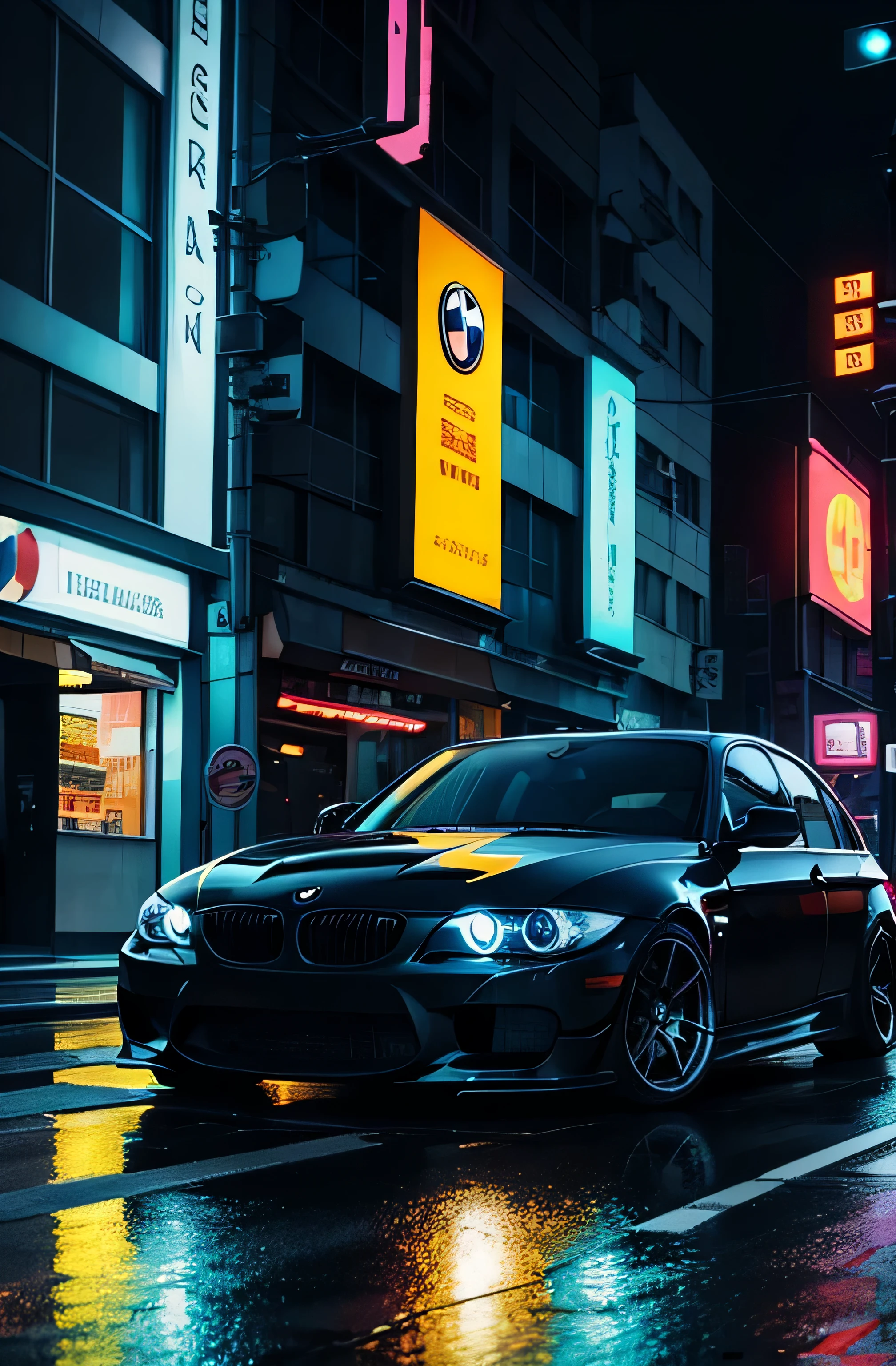 Schwarzer BMW E91 Touring in Schwarz mit perfekten Proportionen , Eckansicht , Manga-Stil in einer Megastadt mit vielen Neonlichtern und Werbung, bunt, Rainy street, dramatische Beleuchtung