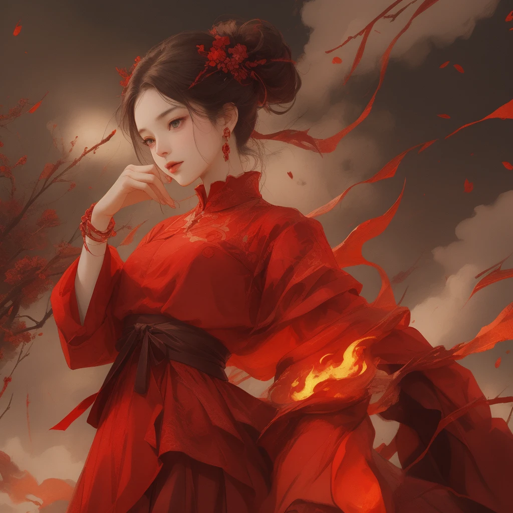 kapok，red hair，a woman，falling snow，white hair，Liu Yemei，bust，Winter morning，Hanfu，gauze，flowing sleeves，breeze，Sunlight，Slightly curly long hair，HD quality，clean background，High definition eye-catching，silky hair，Detailed depiction，masterpiece，super detailed，petals flying，