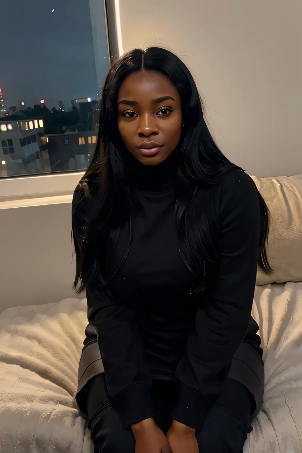 a young African influencer aged 40 with straight long black hair a radiant dark complexion ,wearing winter clothing , highlighting her slightly slender African curves and with the face of an angel, playing playstation 5 at home , night time