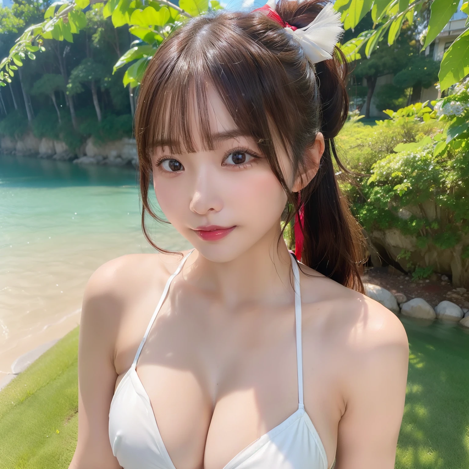 NSFW, 8K RAW photo, highest quality, masterpiece, Super high resolution, movieグレイン, ((Exposing white micro bikini)).movie, 1 girl, looking at the viewer, Natural skin texture very heavy chest))),Realistic eye and face details, lip whole, lipstick makeup), Red Eyeshadow, fluffy ponytail hair, hair is dirty, laughter, 美foot, tall woman, skin, slim_foot, solo, huge breasts, cleavage, buttocks, shirt, beautiful natural places, Around the flower position, (detailed background,露出度の高い白いshirt, huge breasts, cleavage, low person, blurred background, Plaid, short sleeve, ((首元にピンクのJK ribbon))), JK ribbon, black hair, bracelet, water, bangs, gem, split lips,, Depth of bounds written、armpit、beautiful hip line、Flower blooming park background、Beautiful river、