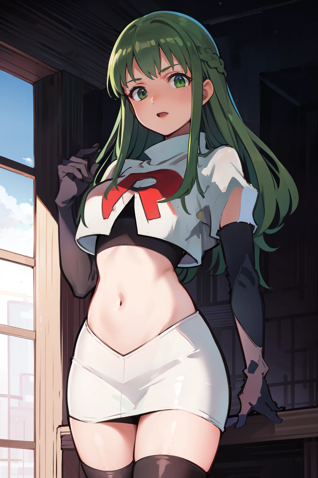 Palla (Fire Emblem), long hair, green hair ,1girl,team rocket,team rocket uniform, red letter R, white skirt,white crop top,black thigh-highs,black elbow gloves, 