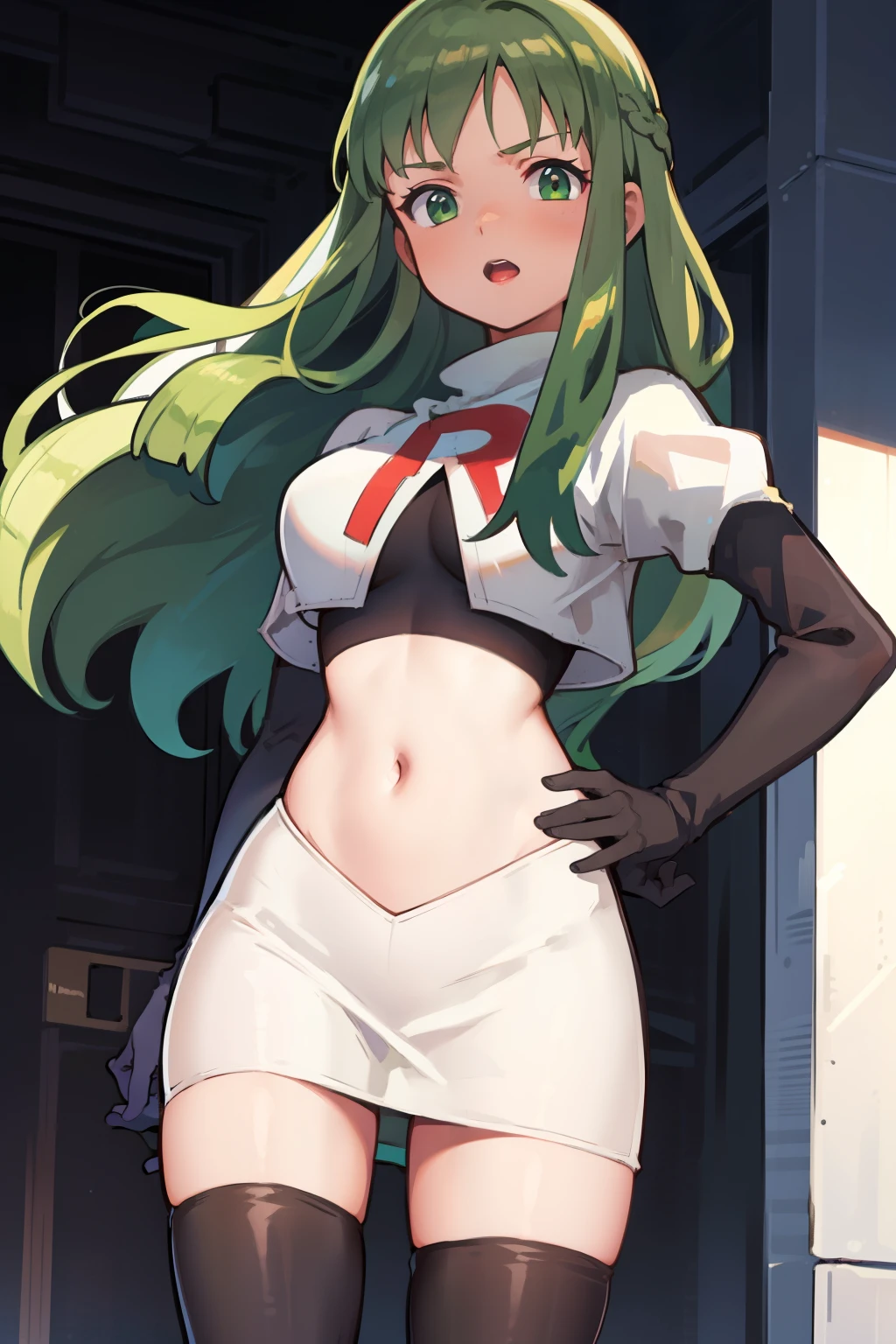 Palla (Fire Emblem), long hair, green hair ,1girl,team rocket,team rocket uniform, red letter R, white skirt,white crop top,black thigh-highs,black elbow gloves, 