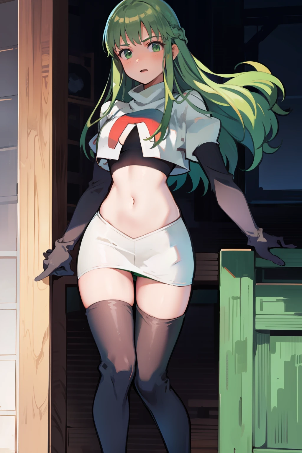 Palla (Fire Emblem), long hair, green hair ,1girl,team rocket,team rocket uniform, red letter R, white skirt,white crop top,black thigh-highs,black elbow gloves, 