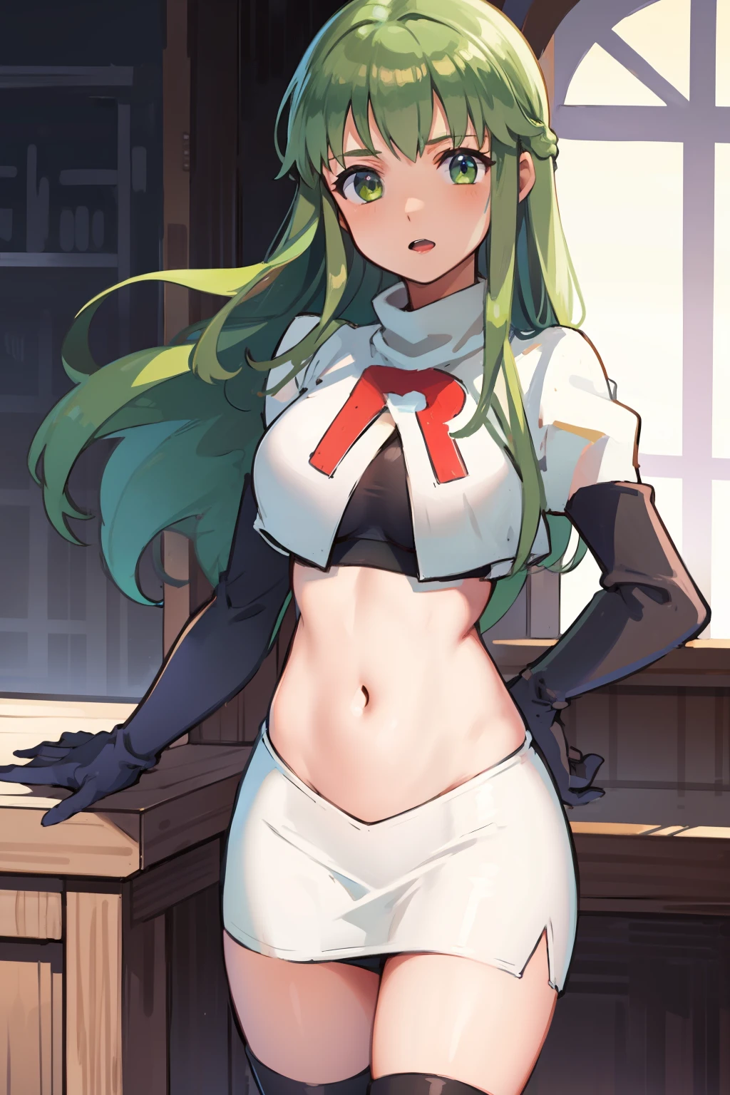 Palla (Fire Emblem), long hair, green hair ,1girl,team rocket,team rocket uniform, red letter R, white skirt,white crop top,black thigh-highs,black elbow gloves, 