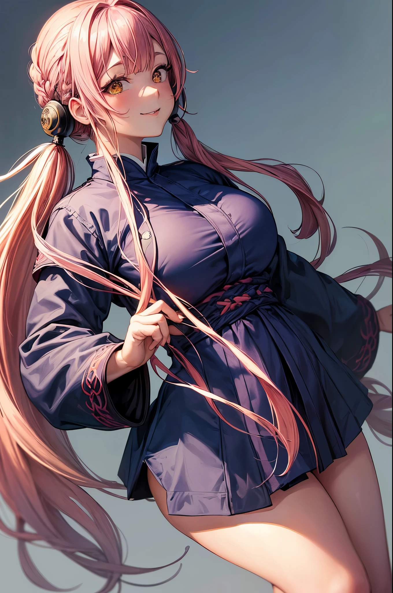 ((masterpiece, best quality ,highest quality, illustration, intricate details)), 1girl, ((chubby)), (petite breasts), ((pear shape)), straight posture, Pink hair, (loose twintail hair), Looking at the camera, ((Jujutsu sorcerer uniform from jujutsu kaisen)), (jacket long sleeves), ((navy blue clothes)), (smiling1:1), mature