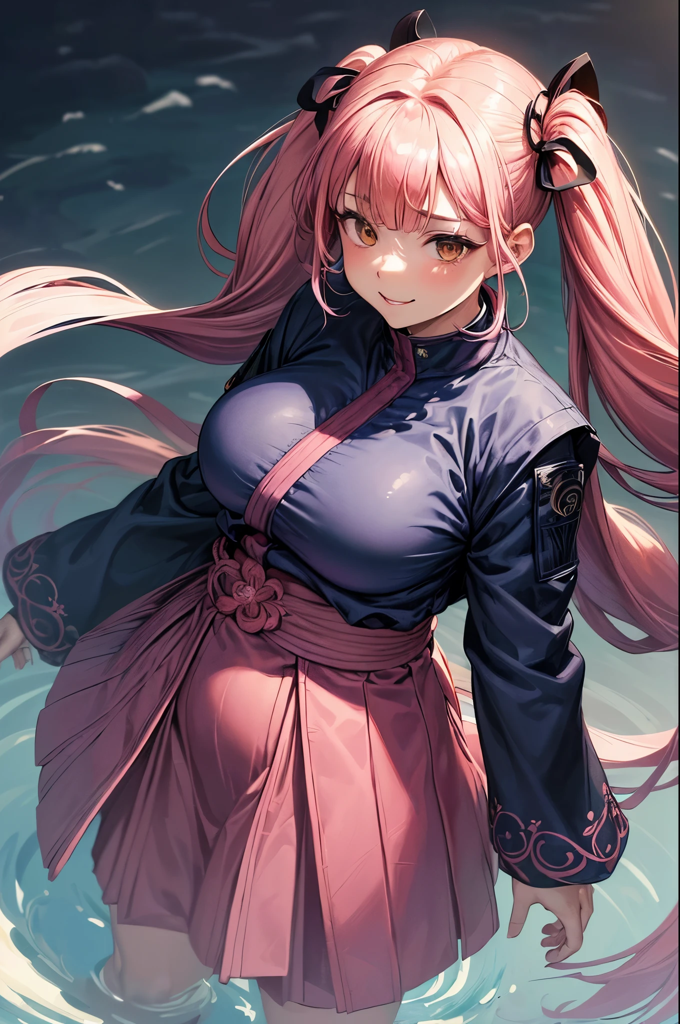 ((masterpiece, best quality ,highest quality, illustration, intricate details)), 1girl, ((chubby)), (petite breasts), ((pear shape)), straight posture, Pink hair, (loose twintail hair), Looking at the camera, ((Jujutsu sorcerer uniform from jujutsu kaisen)), (jacket long sleeves), ((navy blue clothes)), (smiling1:1), mature