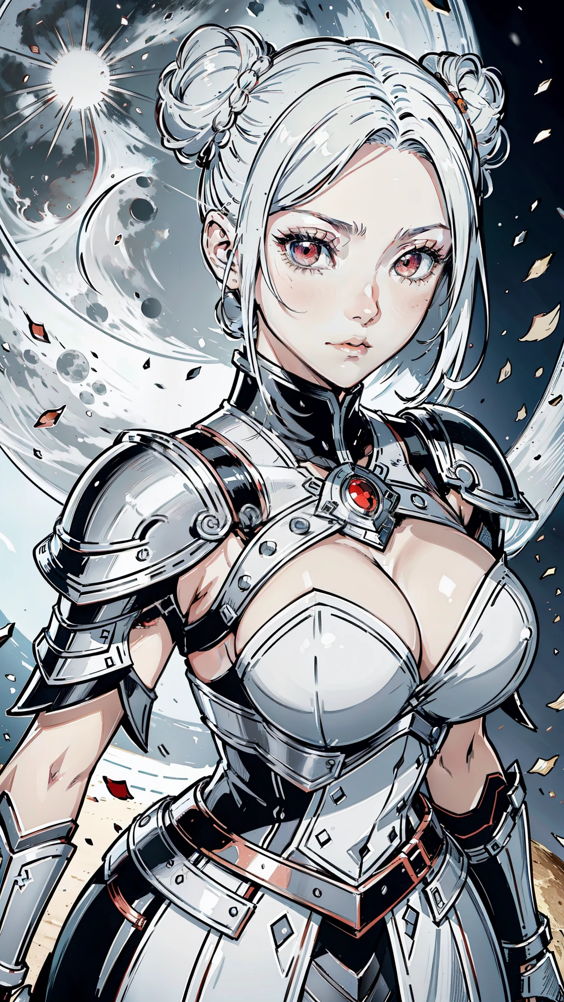 {8k image}, 1beautiful woman, 27 years old, red eyes, white hair with bun, wearing armor, looking at the viewer with a neutral expression, face and body centered forward, focus on the face and breasts, {close-up of face and chest}, full moon background, manga art style, lineart, vivid colors