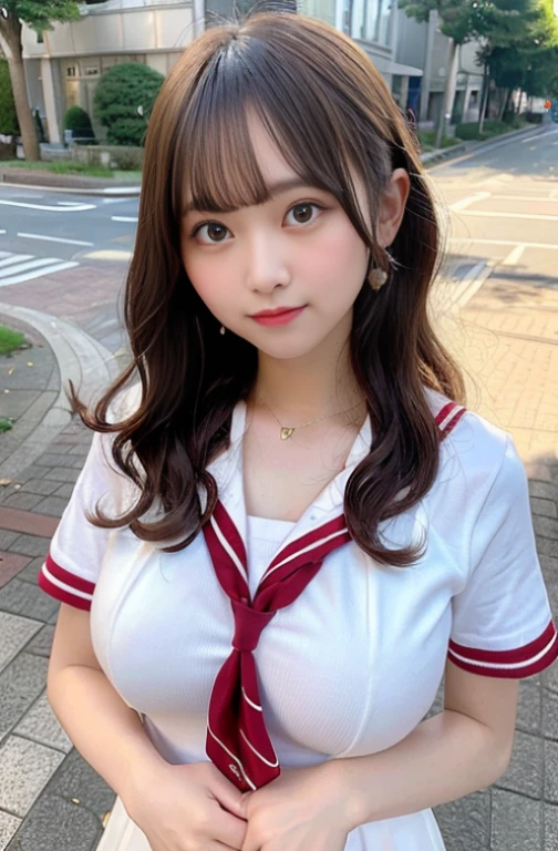 masterpiece, better quality, High resolution, 1 girl,fringe, curly hair, school uniform,sailor suit,in the street,Chest emphasis,Diameter chest, happy face, drops of sweat,(huge breasts:1.1),belly button,Armpit,highly exposed,big breasts,beautiful feet