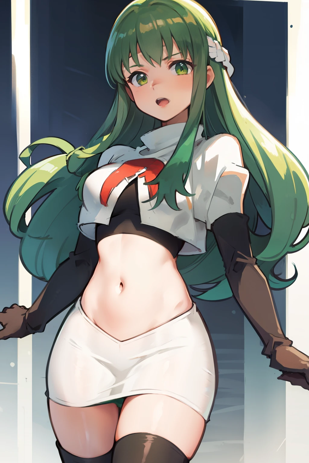 Palla (Fire Emblem), long hair, green hair ,1girl,team rocket,team rocket uniform, red letter R, white skirt,white crop top,black thigh-highs,black elbow gloves, 