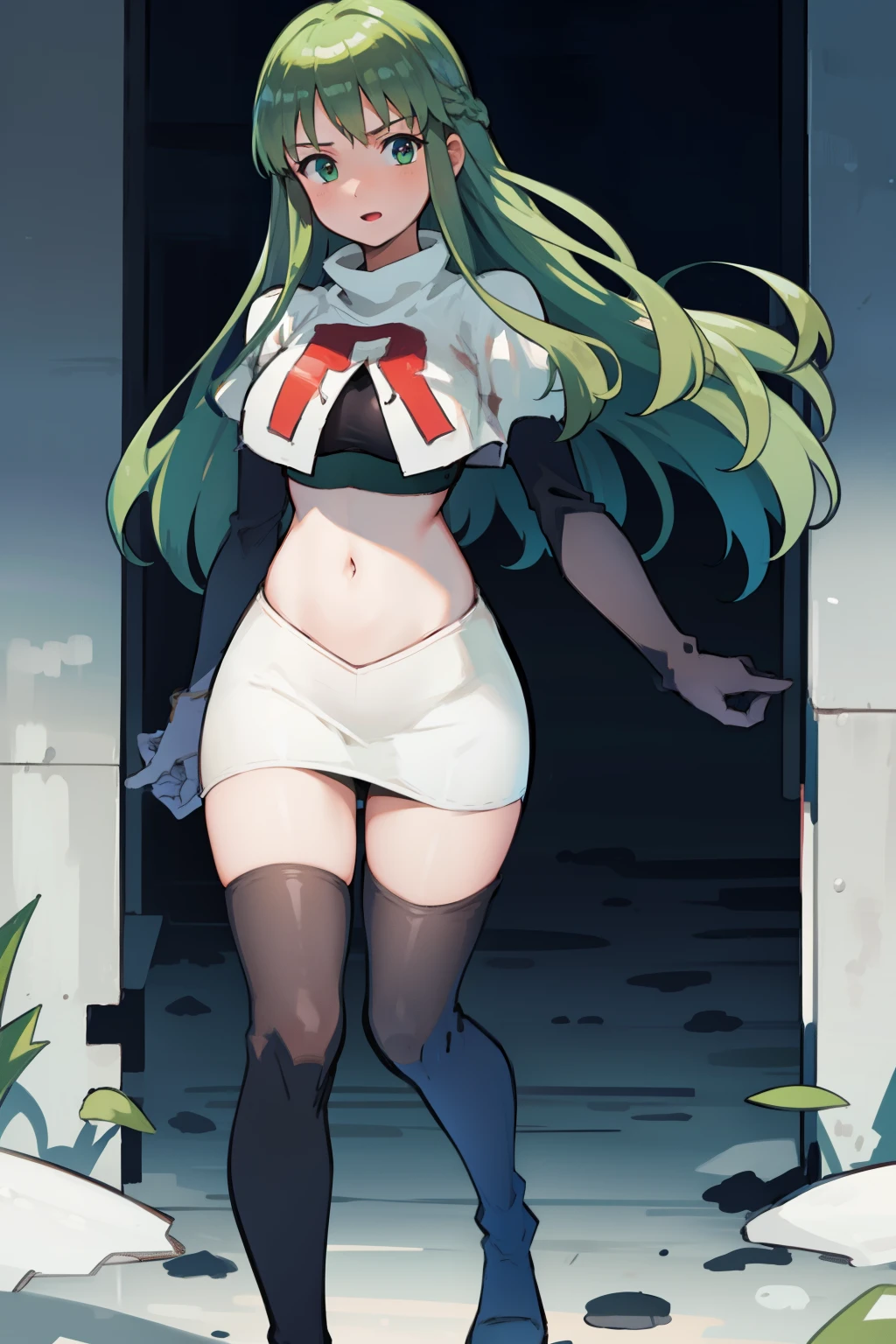 Palla (Fire Emblem), long hair, green hair ,1girl,team rocket,team rocket uniform, red letter R, white skirt,white crop top,black thigh-highs,black elbow gloves, 