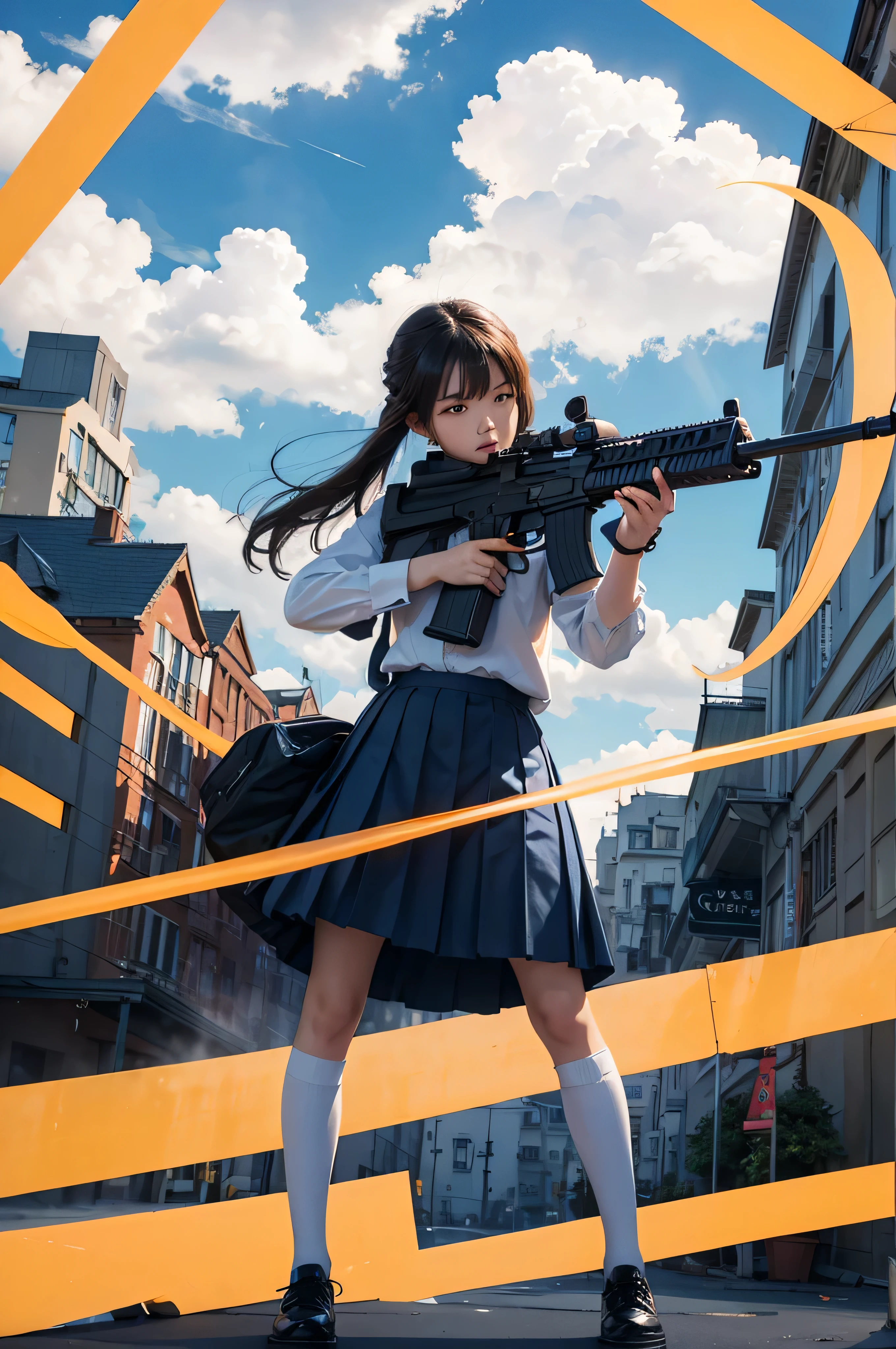 masterpiece,best quality, lens flare, depth of field, (close-up:1.3), (wide shot, fisheye:0.85), facefocus,

1girl ,standing, blue long hair, school uniform,pleated skirt, (holding weapon, holding rifle,aiming,aim:1.2),

gun, h&k hk416, carbine, open fire, firing,

sunny,blue sky,cloudy sky,city,street,road sign, skyscraper,