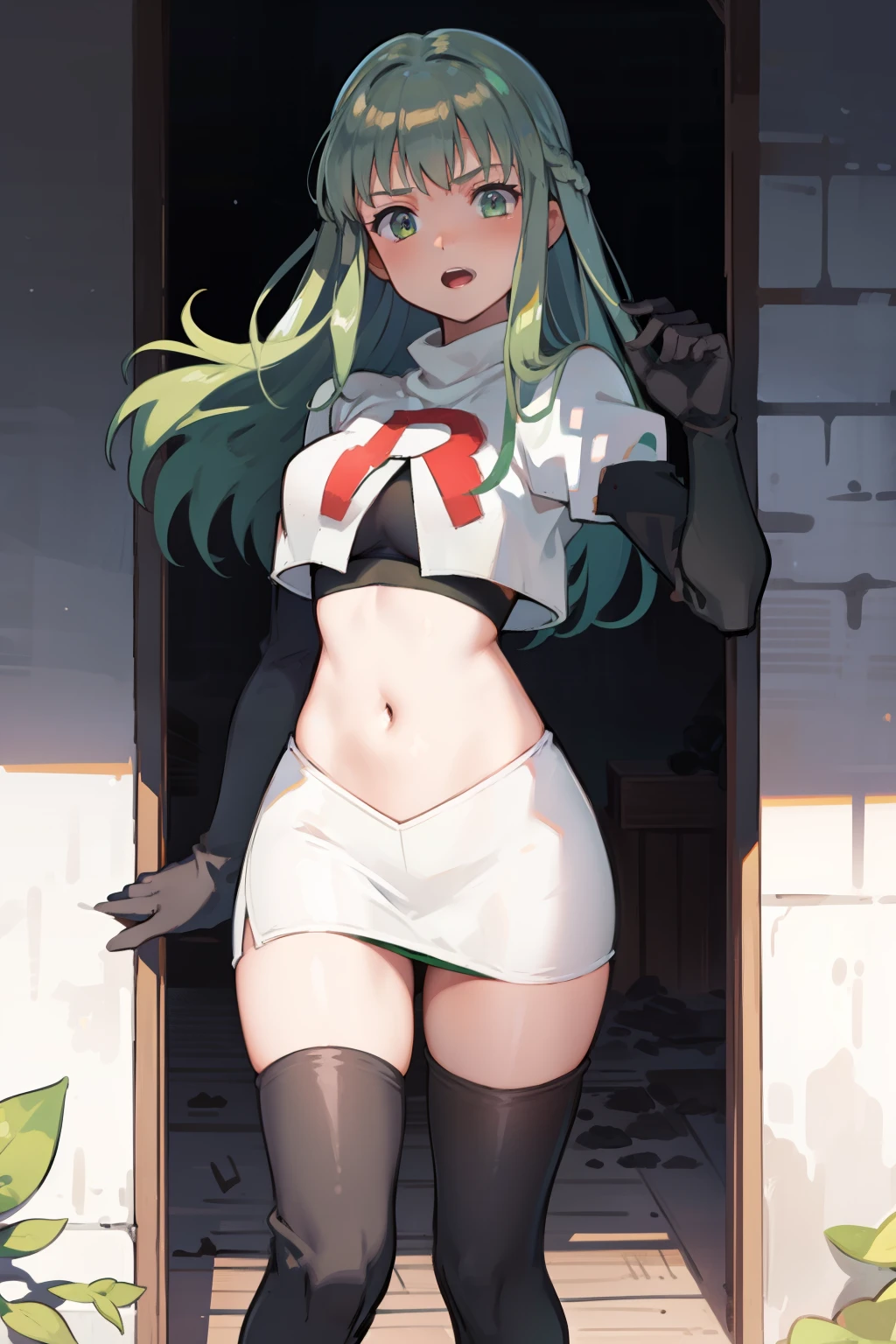 Palla (Fire Emblem), long hair, green hair ,1girl,team rocket,team rocket uniform, red letter R, white skirt,white crop top,black thigh-highs,black elbow gloves, 