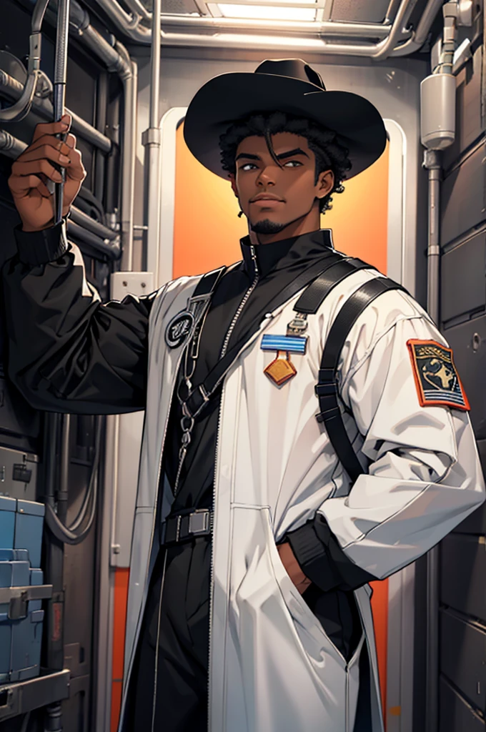 terno preto social completo, calelo curto black, medium black cowboy hat, homen jovem, on a space station, afro,