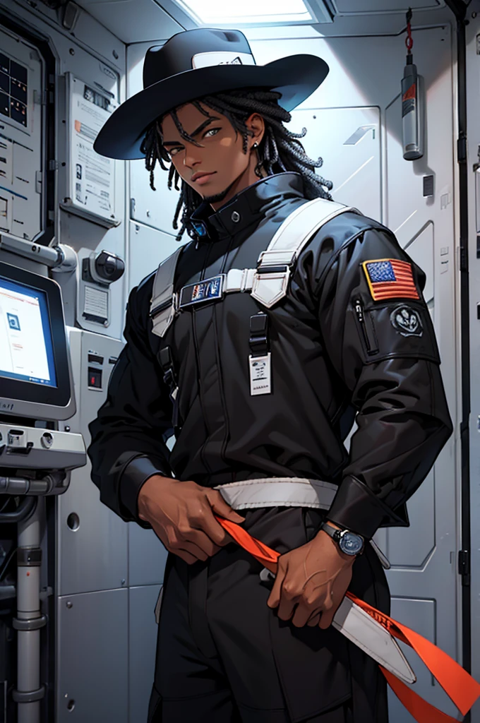 terno preto social completo, calelo curto black, medium black cowboy hat, homen jovem, on a space station, afro,