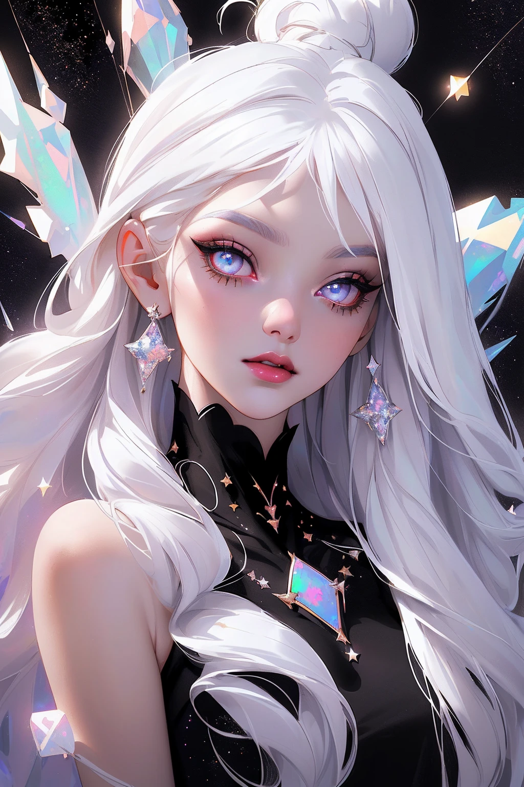 {-erro_de_anatomia:1.0} masterpiece, highest quality, (perfect face:1.1, (high detail)1.1, sweet stardust vampire , long soft white hair, opal eyes, perfectly drawn face, black dress, stars detailed background, prismatic lighting, glitter, whole body,