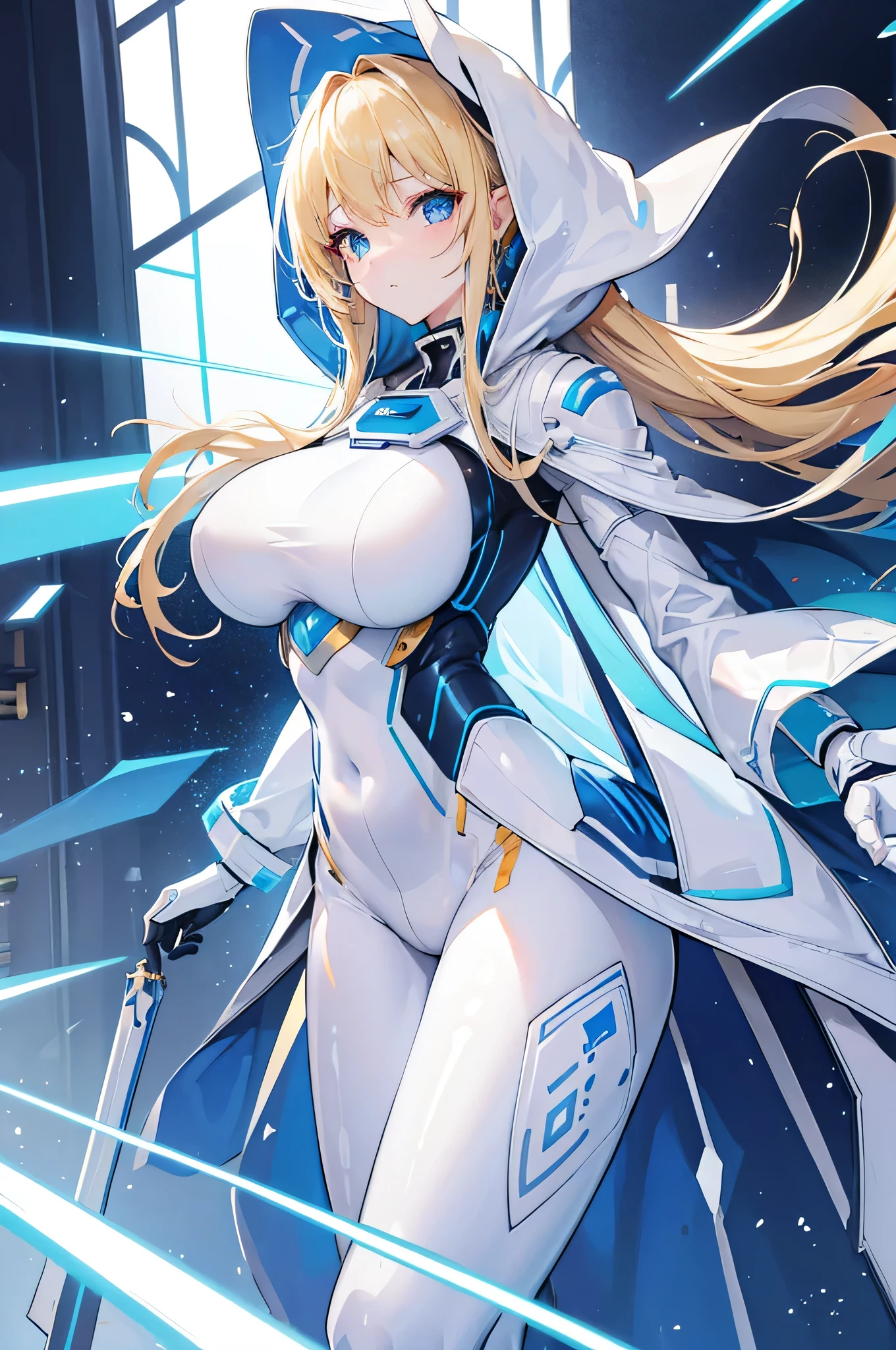 4K,High resolution,one woman,blonde,long hair,blue eyes,big breasts,younger sister,white tight cyber suit,white hood,gold decoration,city of the future,church