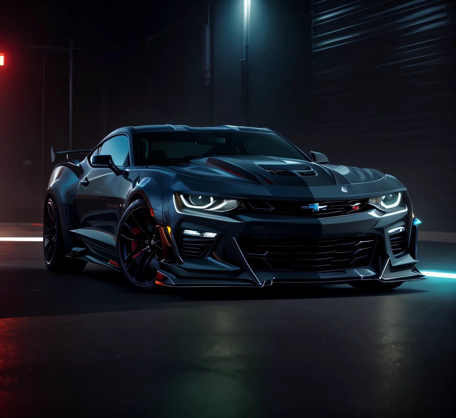 Chevrolet Camaro , style neon, neon lights, black night, highly detailed, photo fiction, on a dark background, seed 1260501099