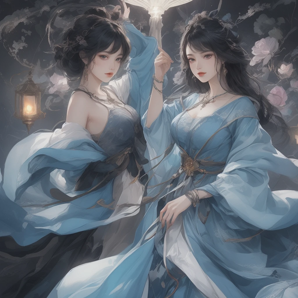 extremely delicate and beautiful:1.2), 8K,(masterpiece:1.0),(the best_quality:1.0), 1 girl, mature woman, intricate details, enlarged texture, intricate details, Detailed eyes and detailed face, intricate details, white hair, , perfect blue eyes, equal gaze, (women&#39;s clothes，antique clothing，Gorgeous hair accessories，古风mature woman，breeze，Moonlight，