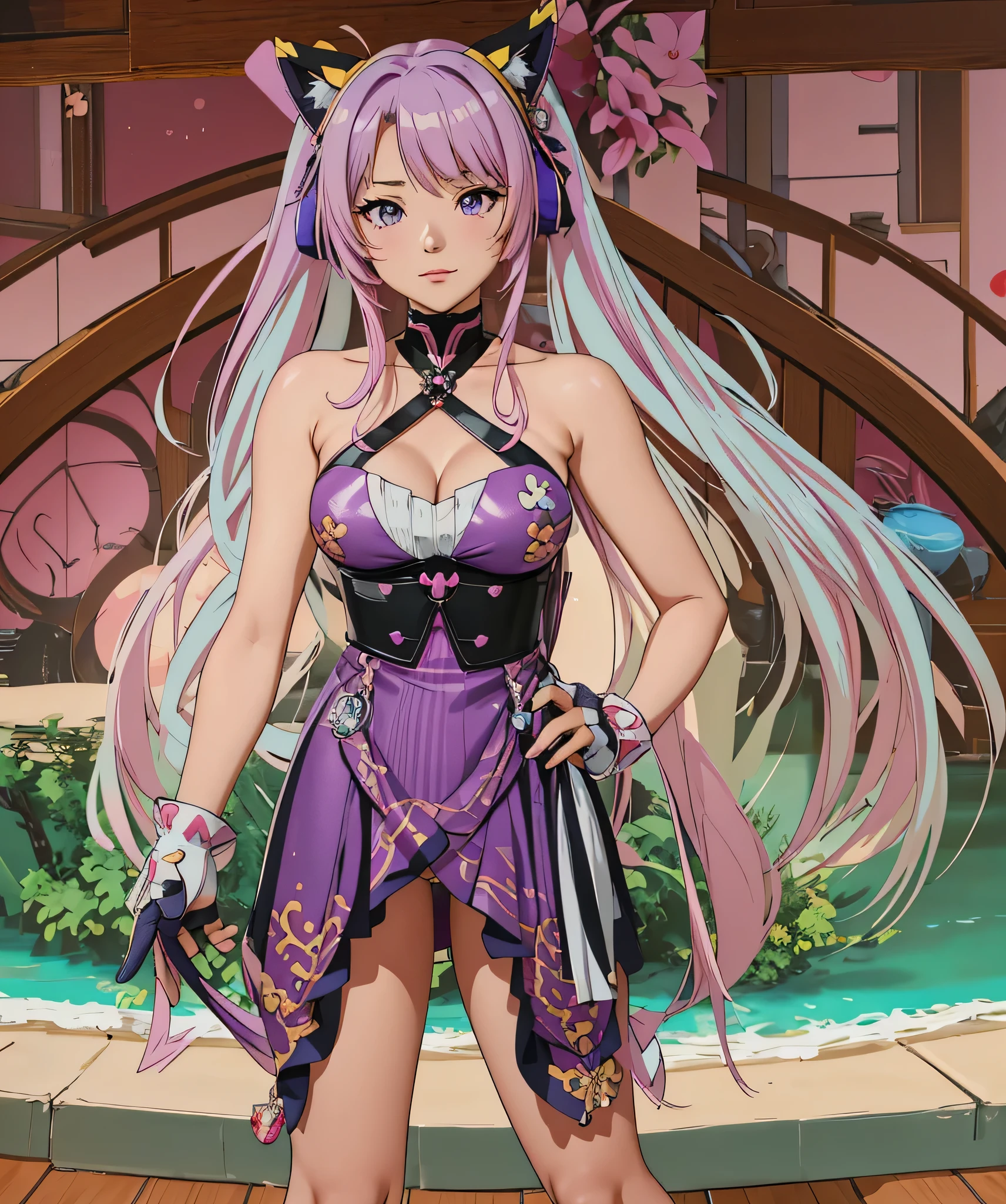 anime - style image of a woman in a purple dress with a cat ears, pink twintail hair and cyan eyes, ayaka genshin impact, ayaka game genshin impact, biomechanical oppai, azur lane style, from the azur lane videogame, anime goddess, render of a cute 3d anime girl, loli. purple gloves