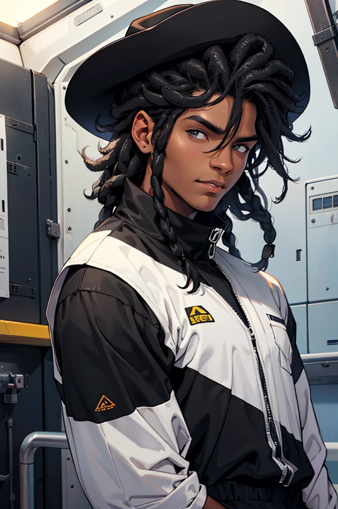 terno preto social completo, calelo curto black, medium black cowboy hat, homen jovem, on a space station, afro, cabelo crespo,