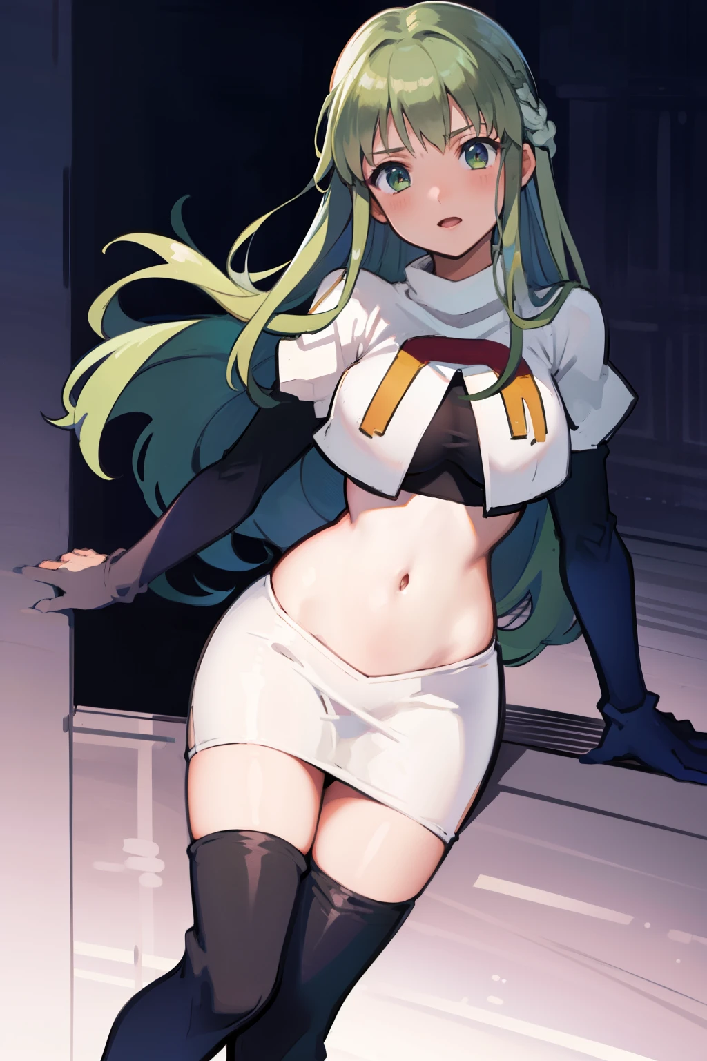 Palla (Fire Emblem), long hair, green hair ,1girl,team rocket,team rocket uniform, red letter R, white skirt,white crop top,black thigh-highs,black elbow gloves, 