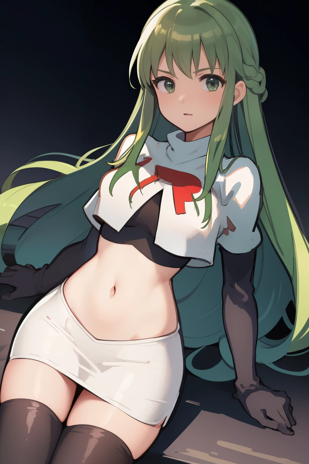 Palla (Fire Emblem), long hair, green hair ,1girl,team rocket,team rocket uniform, red letter R, white skirt,white crop top,black thigh-highs,black elbow gloves, 