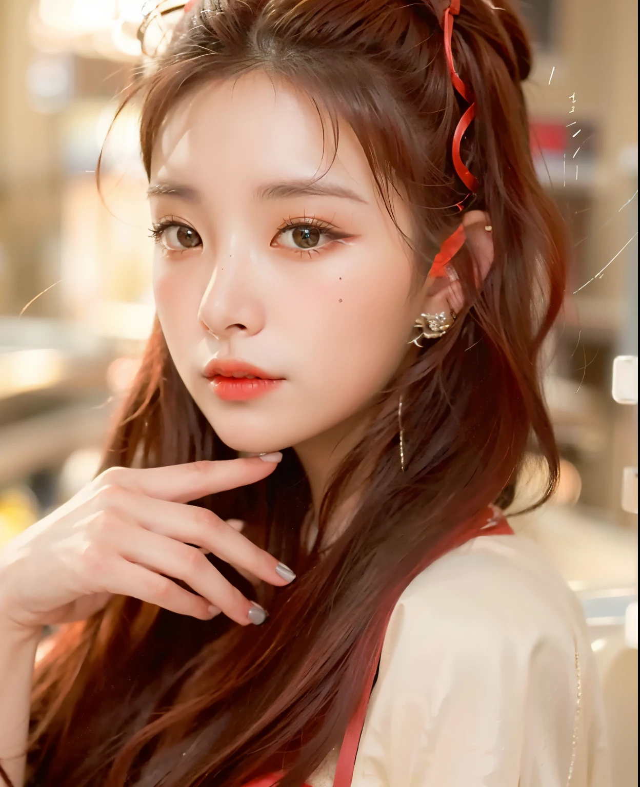 un primer plano de una mujer con largo cabello rojo y un lazo rojo, hermosa mujer surcoreana, maquillaje coreano popular, maquillaje popular de corea del sur, hermosa joven coreana, muchacha coreana, ulzzang, hermosa joven coreana, dilraba dilmurat, retrato de alta calidad, joven y adorable rostro coreano, Jinyoung Shin, con pelo rojo rizado, coral brown hair