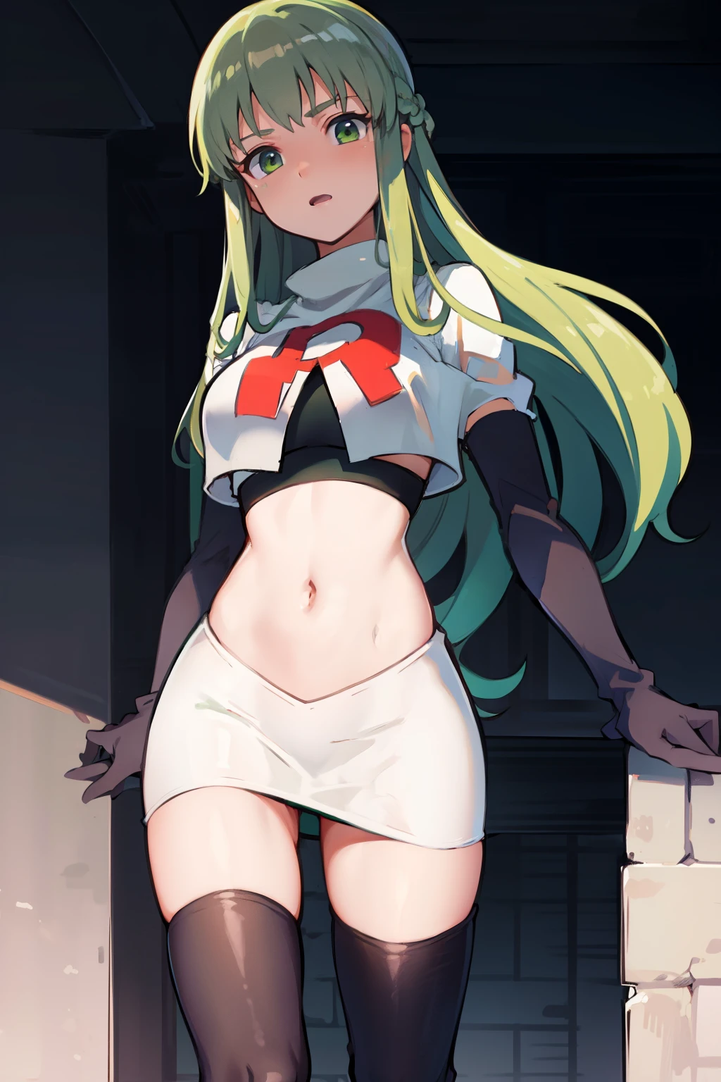 Palla (Fire Emblem), long hair, green hair ,1girl,team rocket,team rocket uniform, red letter R, white skirt,white crop top,black thigh-highs,black elbow gloves, 