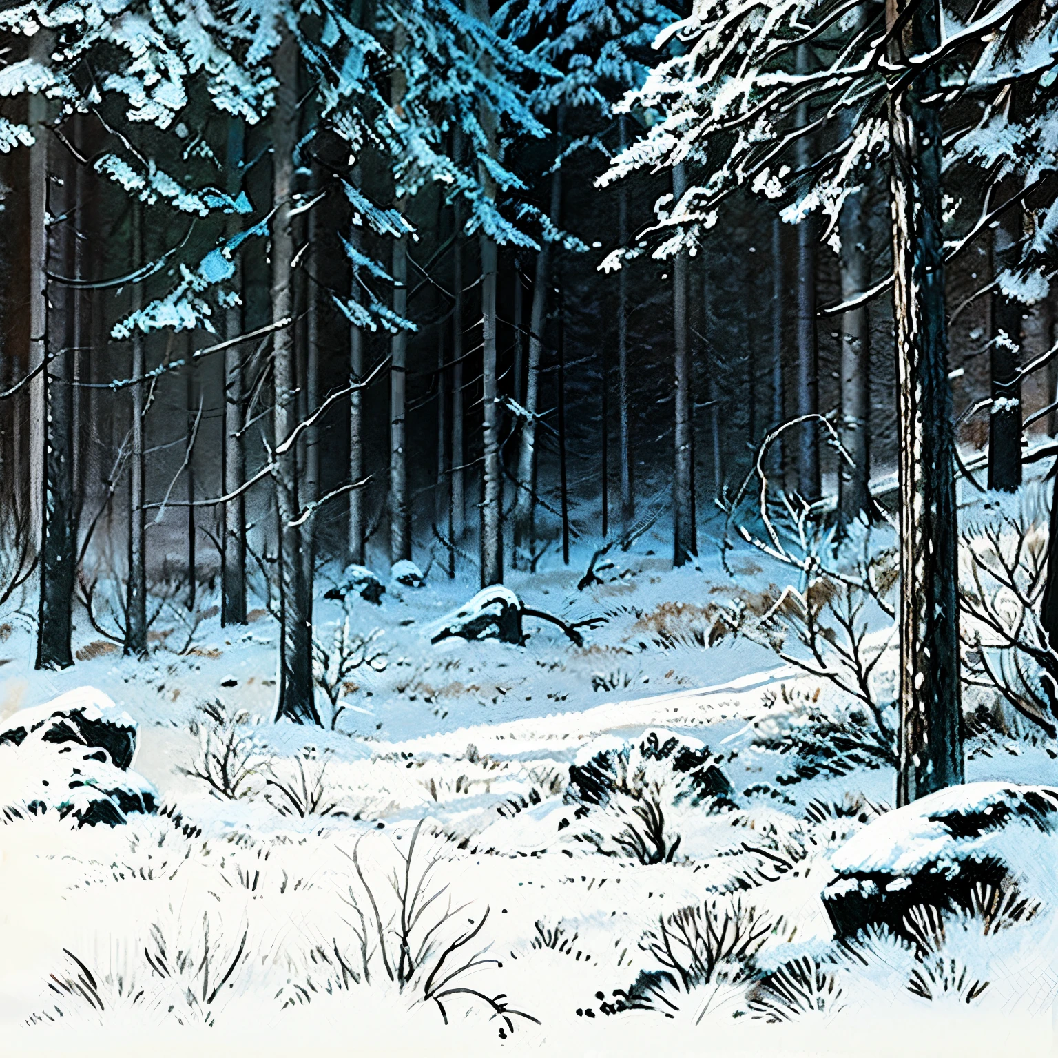 Draw a background of winter in the forest with a black pencil in black and white colors outline,Without people