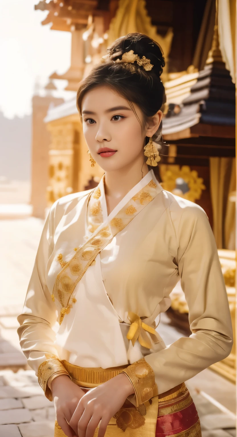 A beautiful young woman of Tai Khun descent, adorned in a meticulously crafted Keng Tong Tai Khun traditional outfit, stands gracefully against the backdrop of the majestic Bagan temples. Her attire shimmers with intricate embroidery and gold accents, each element carefully chosen to reflect the rich cultural heritage of her people.

Details:

Facial features: The woman's face is radiant and youthful, with delicate features and captivating eyes that sparkle with warmth and intelligence. Her hair is styled in a messy bun adorned with fresh flowers and secured with a gold pin, adding a touch of elegance and whimsy.
Traditional outfit: The Keng Tong Tai Khun outfit is a top tank style masterpiece of craftsmanship, featuring vibrant silks, intricate embroidery, and delicate gold embellishments. The long, flowing skirt cascades gracefully around her legs, while the fitted bodice accentuates her slender figure. A traditional headdress adds a regal touch to her ensemble.
Accessories: The woman's beauty is further enhanced by a dazzling array of traditional jewelry. Bangle bracelets encircle her wrists, a statement necklace adorns her neck, and delicate earrings dangle from her ears. Each piece is intricately crafted and adds a touch of luxury to her overall look.
Bagan temples background: The ancient Bagan temples provide a breathtaking backdrop for the portrait. Their weathered brickwork and towering spires add a touch of grandeur and mystery to the scene. The warm hues of the sunrise or sunset bathe the temples in a golden glow, creating a truly magical atmosphere.