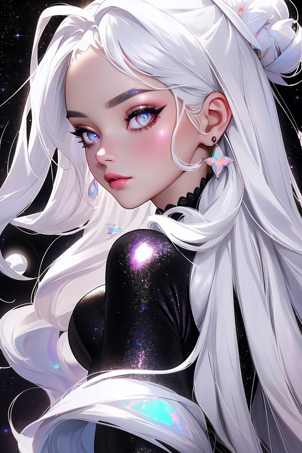 {-erro_de_anatomia:1.0} masterpiece, highest quality, (perfect face:1.1, (high detail)1.1, sweet stardust vampire , long soft white hair, opal eyes, perfectly drawn face, black dress, stars detailed background, prismatic lighting, glitter, whole body, Dancing lightly. backwadrs, Looking back. Very sexy, with chin resting on shoulder.